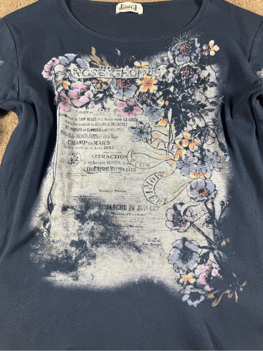 Jamee J Top Black Floral 3/4 Sleeve Embellished Programme Soiree Blouse Lg Boho - Picture 5 of 12